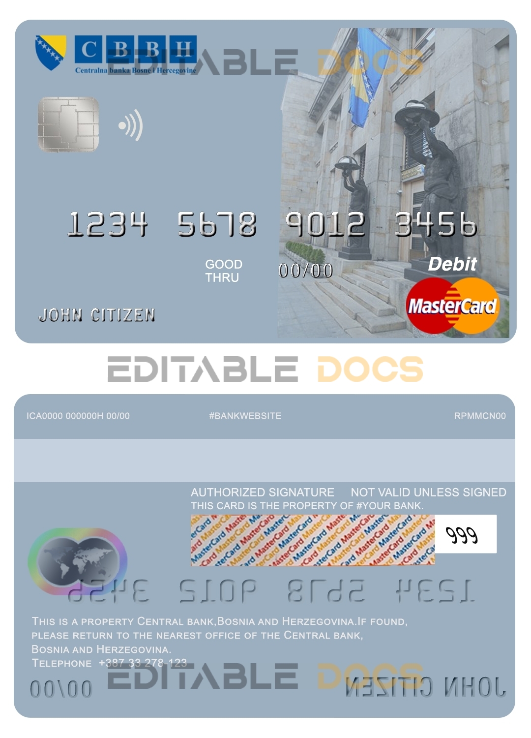Fillable Bosnia and Herzegovina Central Bank mastercard debit card Templates | Layer-Based PSD