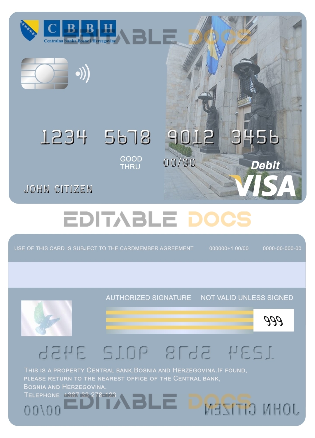 Editable Bosnia and Herzegovina Central Bank visa card debit card Templates in PSD Format
