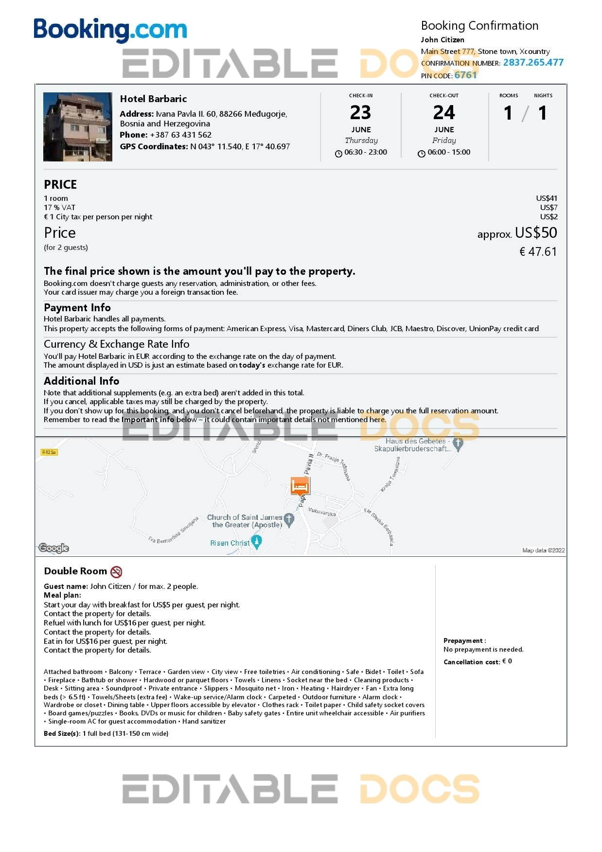 Editable Bosnia and Herzegovina Hotel Booking Form Template | Fillable PDF