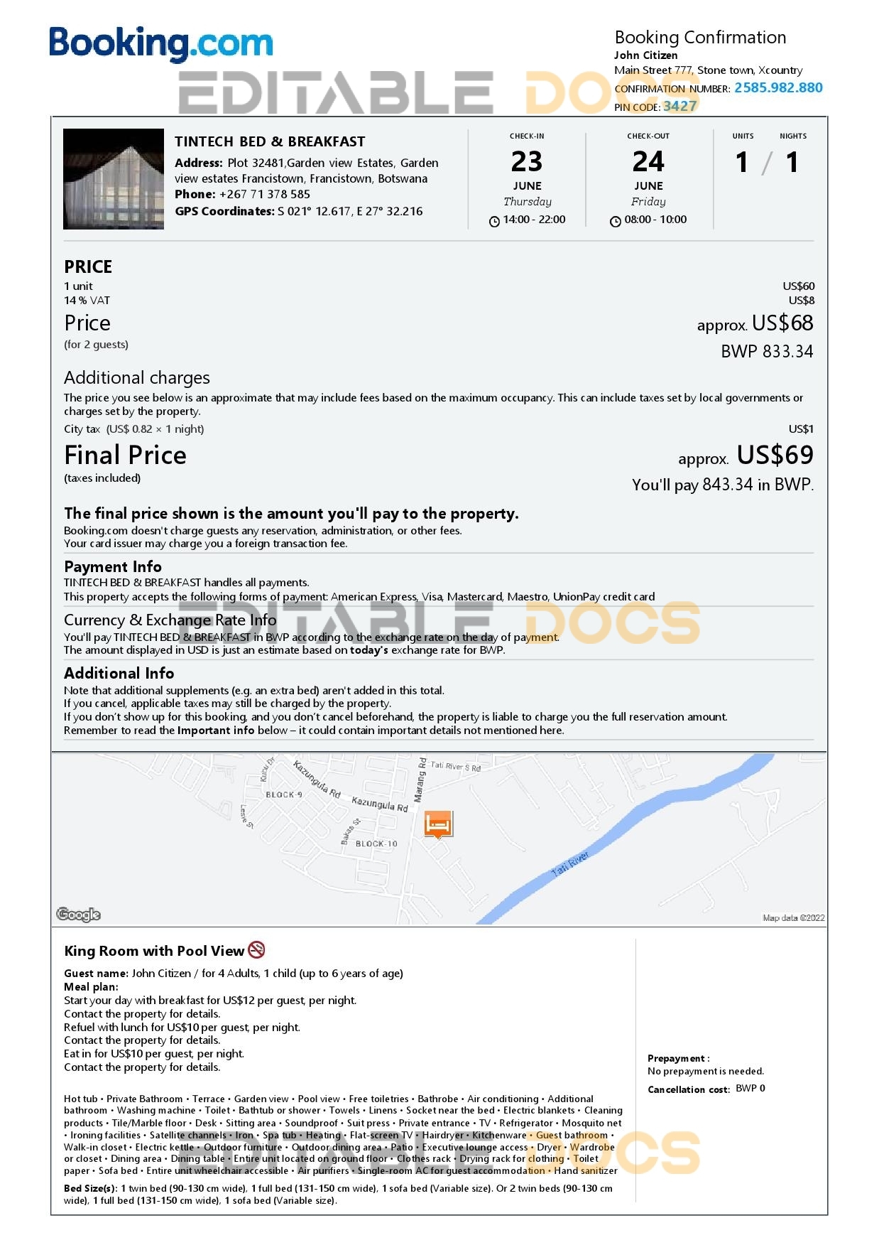 Editable Botswana Hotel Booking Form Template | Fillable PDF