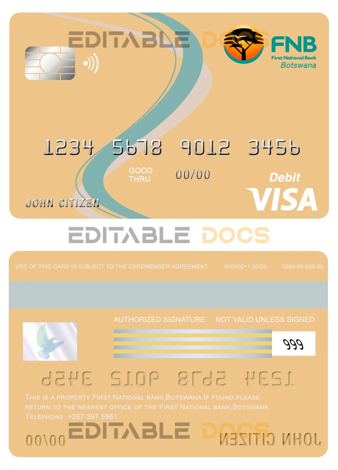 Editable Botswana First National Bank visa card debit card Templates in PSD Format