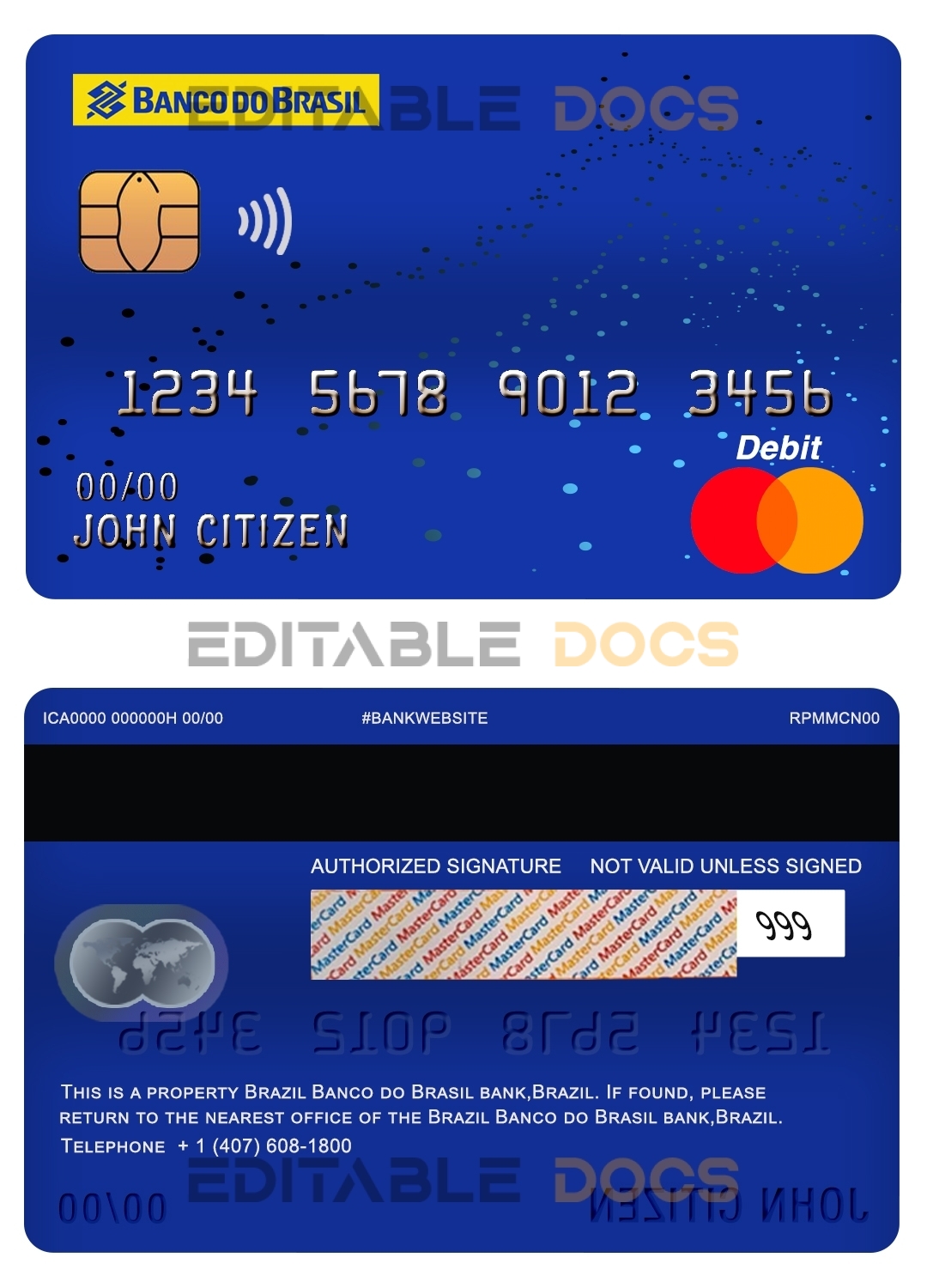 Fillable Brazil Banco do Brasil bank mastercard debit card Templates | Layer-Based PSD