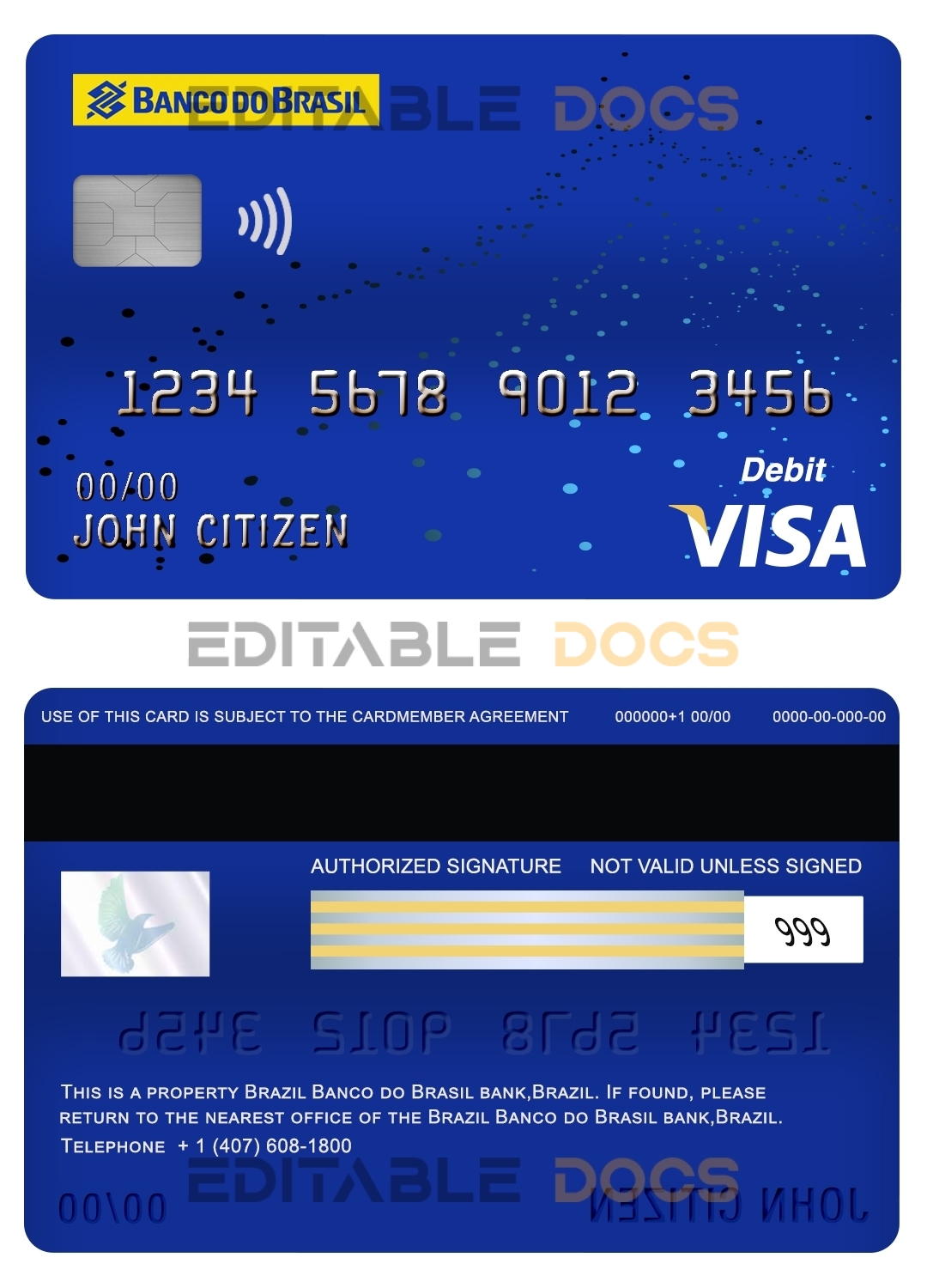 Editable Brazil Banco do Brasil bank visa card debit card Templates in PSD Format