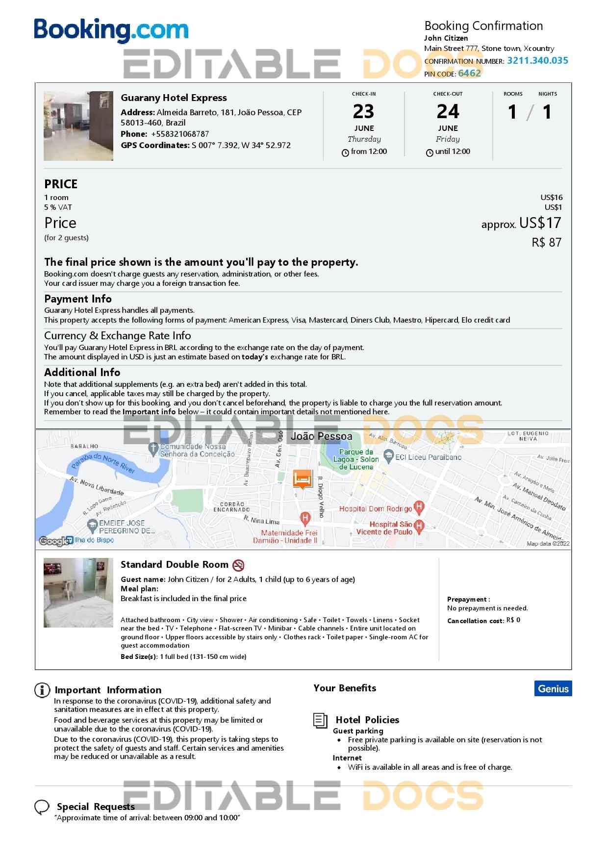 Editable Brazil Hotel Booking Form Template | Fillable PDF