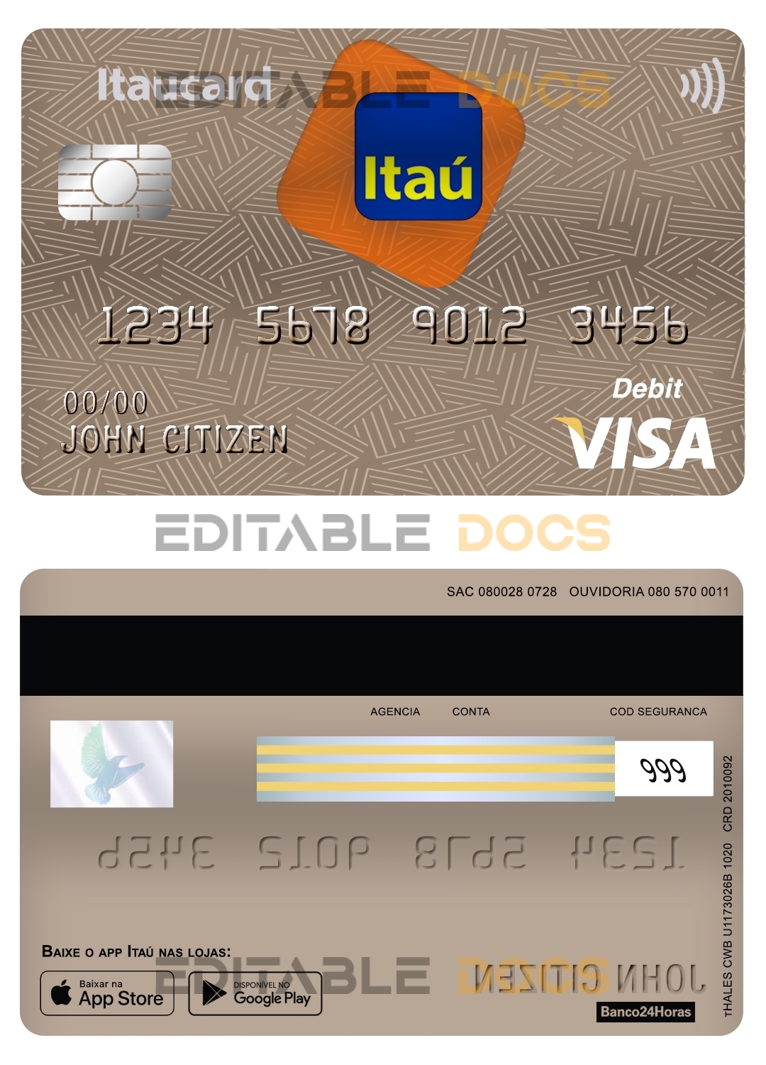 Editable Brazil Itaú bank visa card debit card Templates in PSD Format