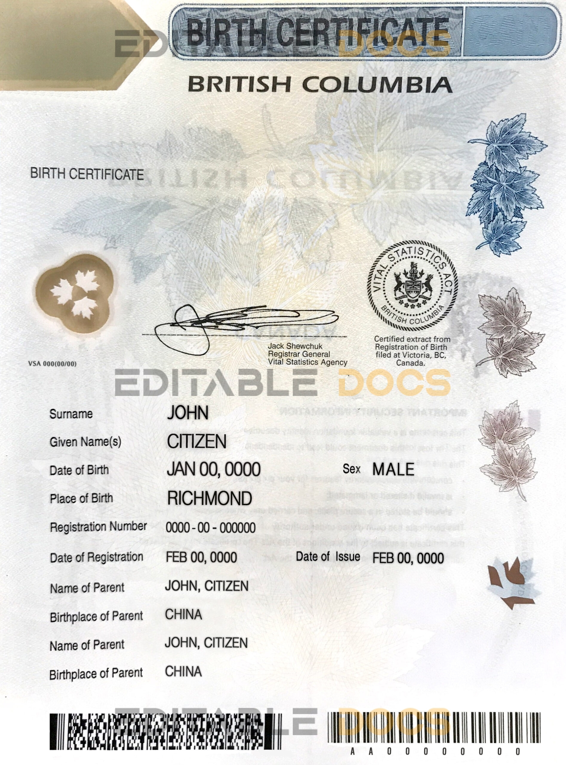 Authentic Canada British Columbia Birth Certificate Template | Customize and Download Online