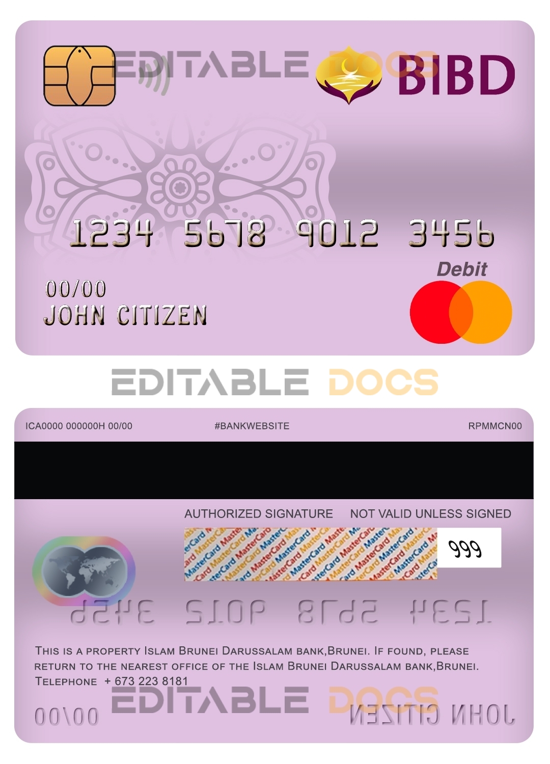 Editable Brunei Bank Islam Brunei Darussalam bank mastercard debit card Templates in PSD Format