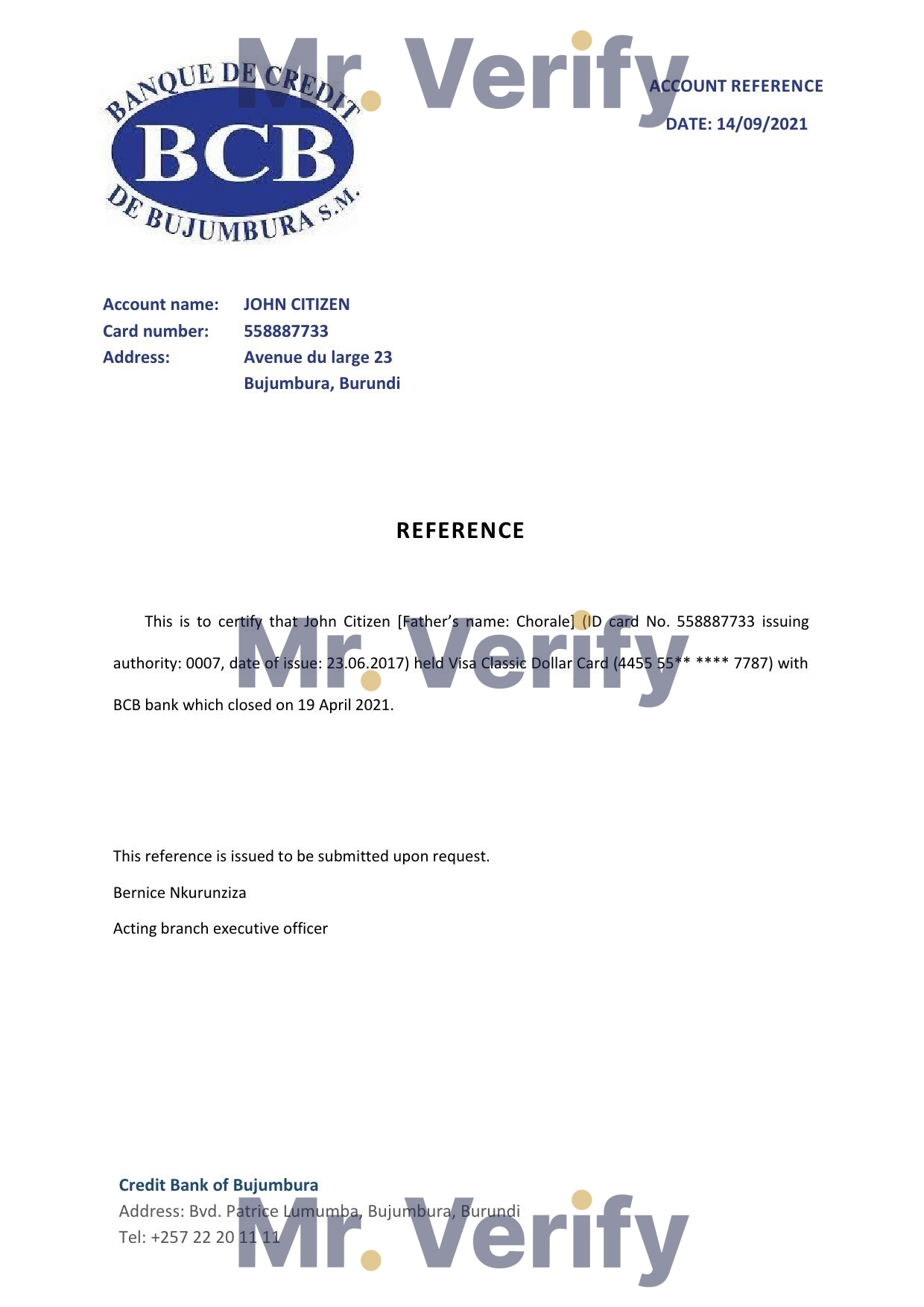 Download Burundi Credit Bank of Bujumbura Bank Reference Letter Templates | Editable Word
