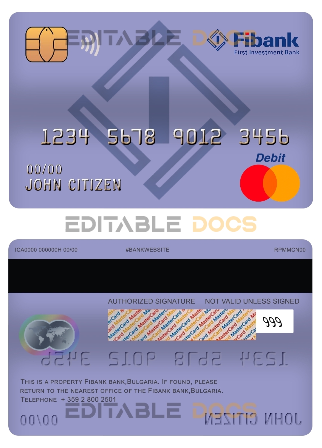 Editable Bulgaria Fibank bank mastercard debit card Templates in PSD Format