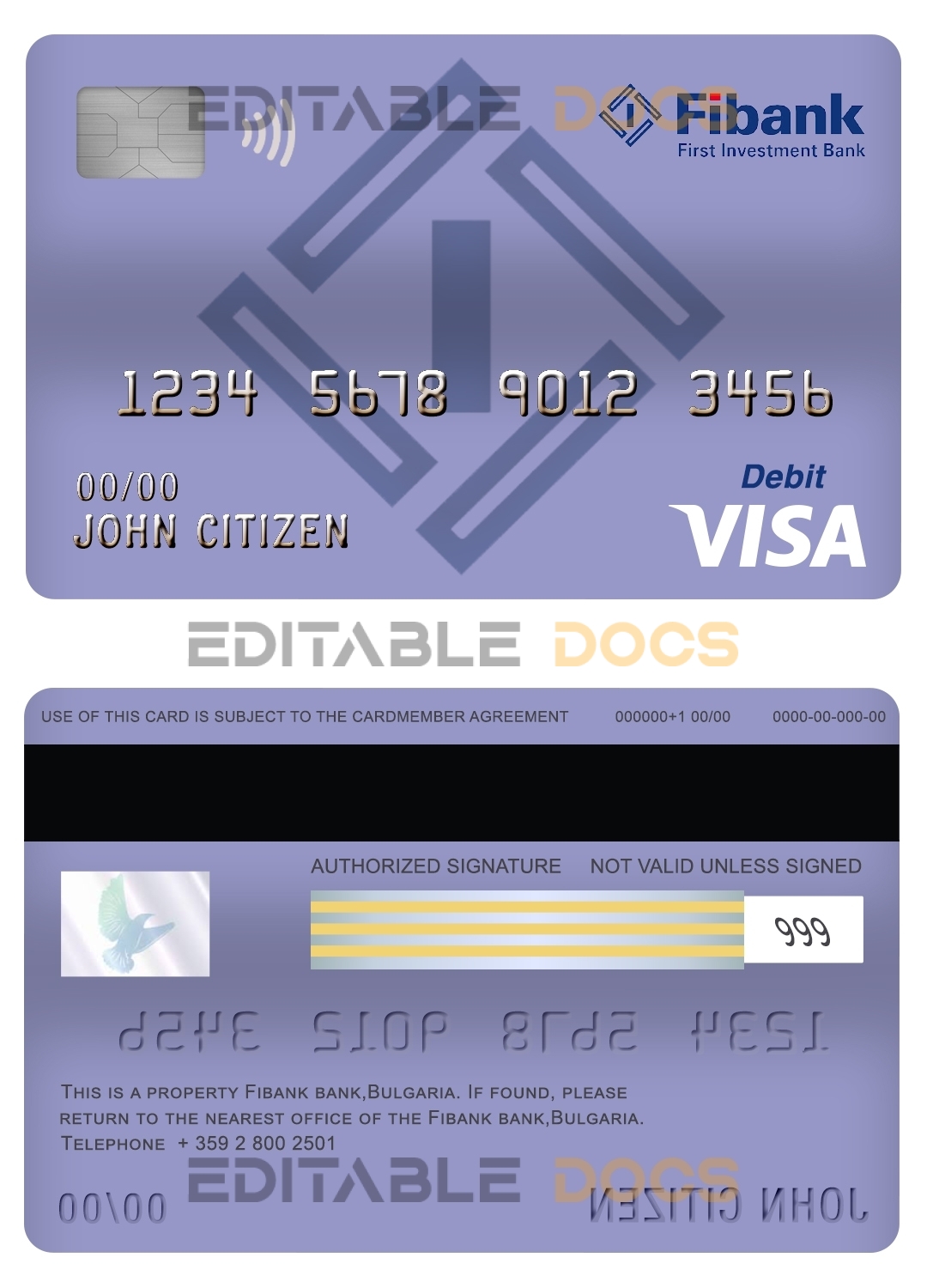Fillable Bulgaria Fibank bank visa card debit card Templates | Layer-Based PSD