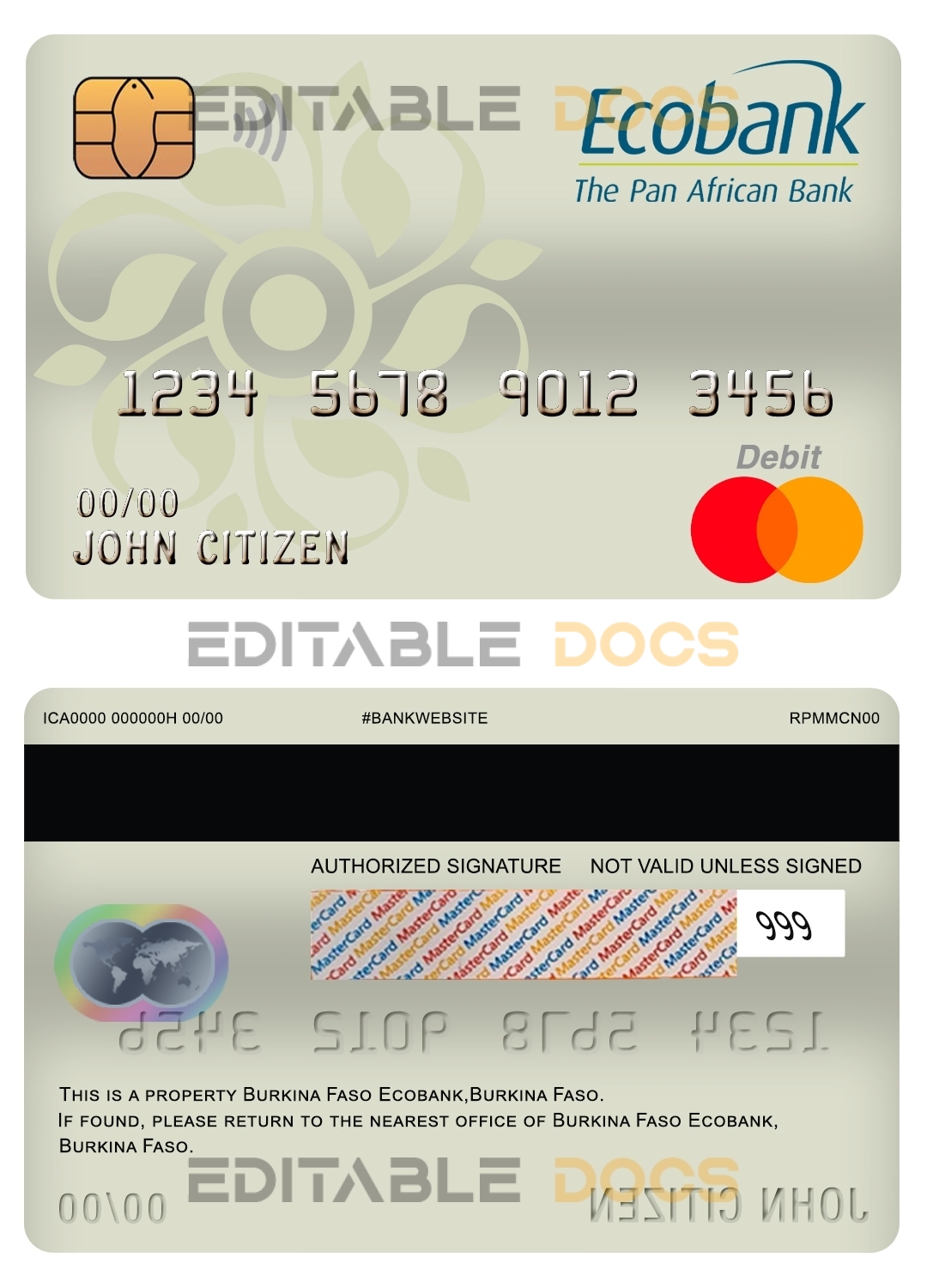 Editable Burkina Faso Ecobank bank mastercard debit card Templates in PSD Format