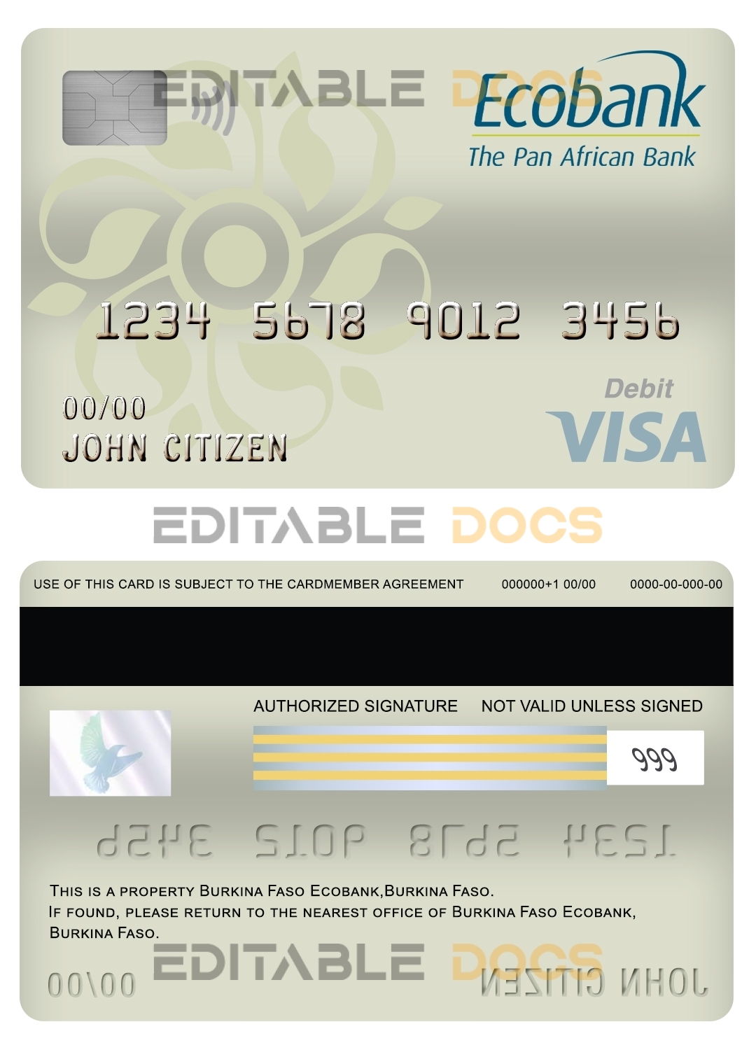 Fillable Burkina Faso Ecobank bank visa card debit card Templates | Layer-Based PSD