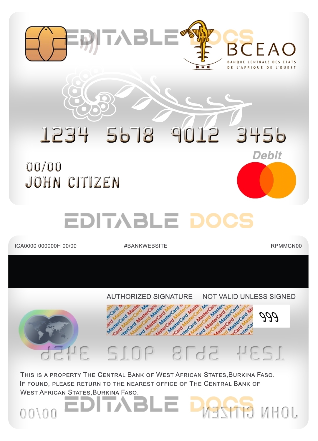 Editable Burkina Faso The Central Bank of West African States bank mastercard debit card Templates in PSD Format