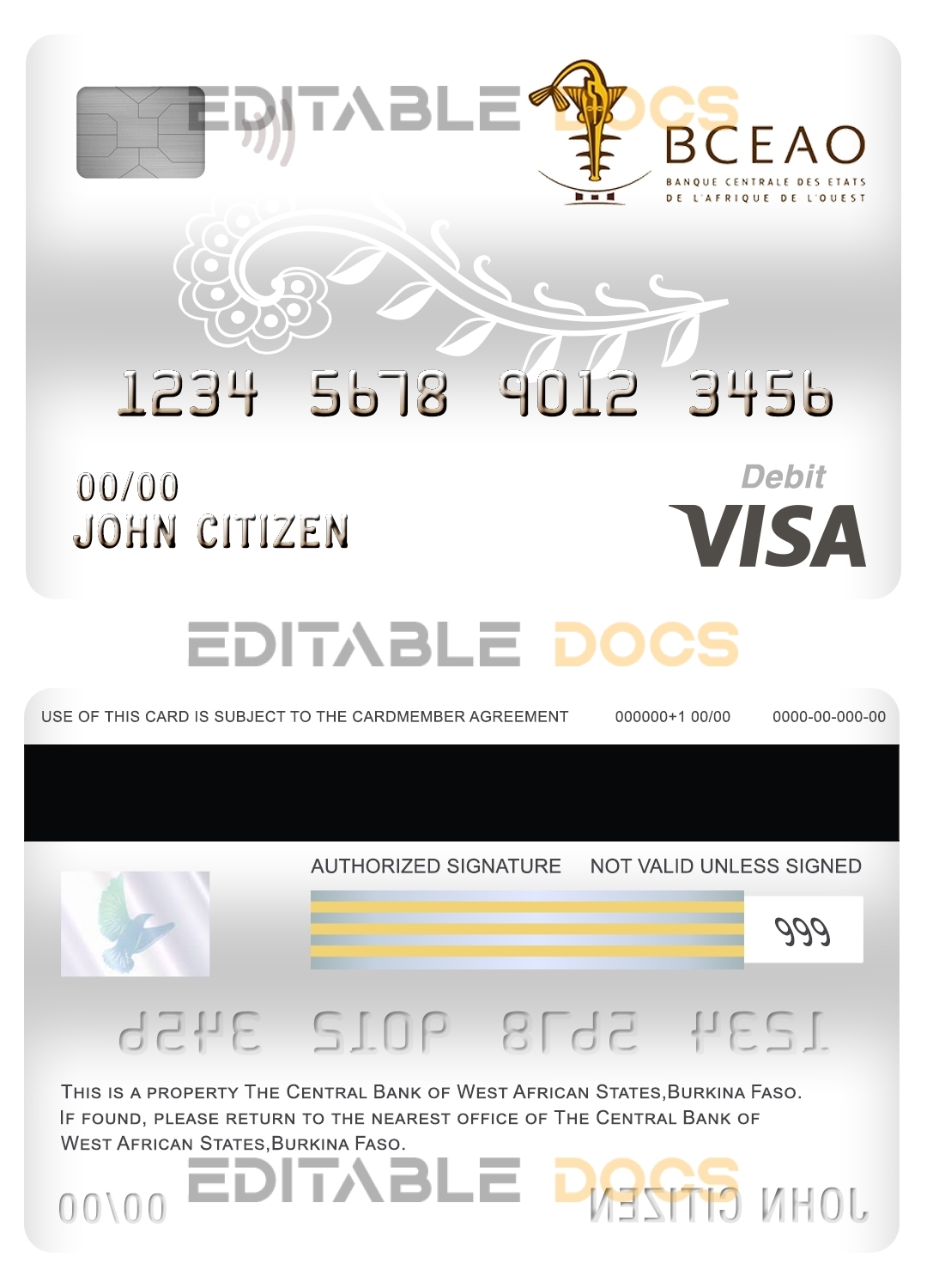 Fillable Burkina Faso The Central Bank of West African States bank visa card debit card Templates | Layer-Based PSD