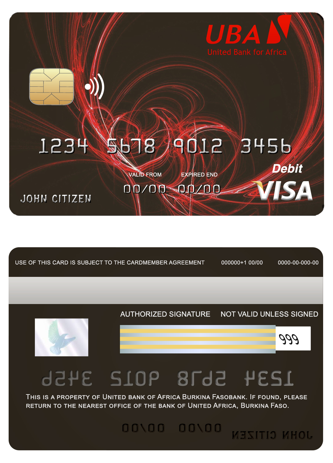 Editable Burkina Faso United bank for Africa visa credit card Templates in PSD Format