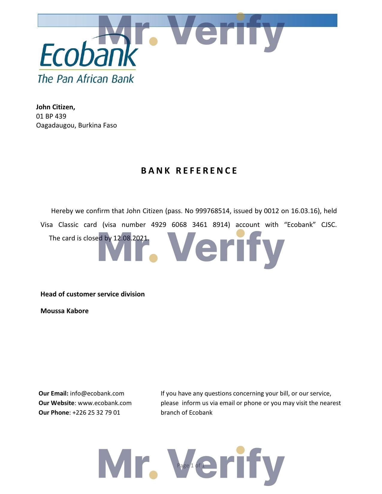 Download Burkina Faso Ecobank Bank Reference Letter Templates | Editable Word