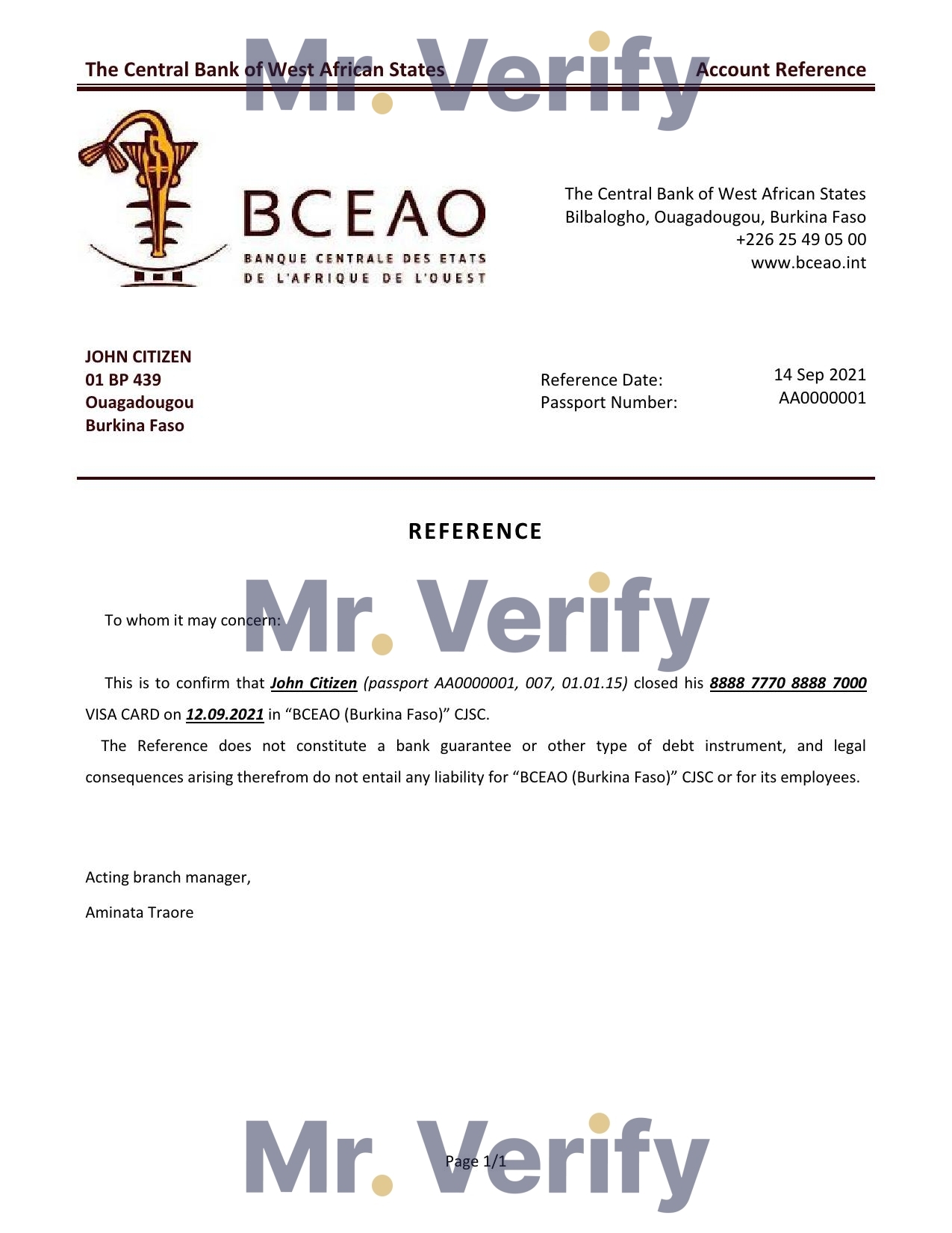 Download Burkina Faso The Central Bank of West African States Bank Reference Letter Templates | Editable Word