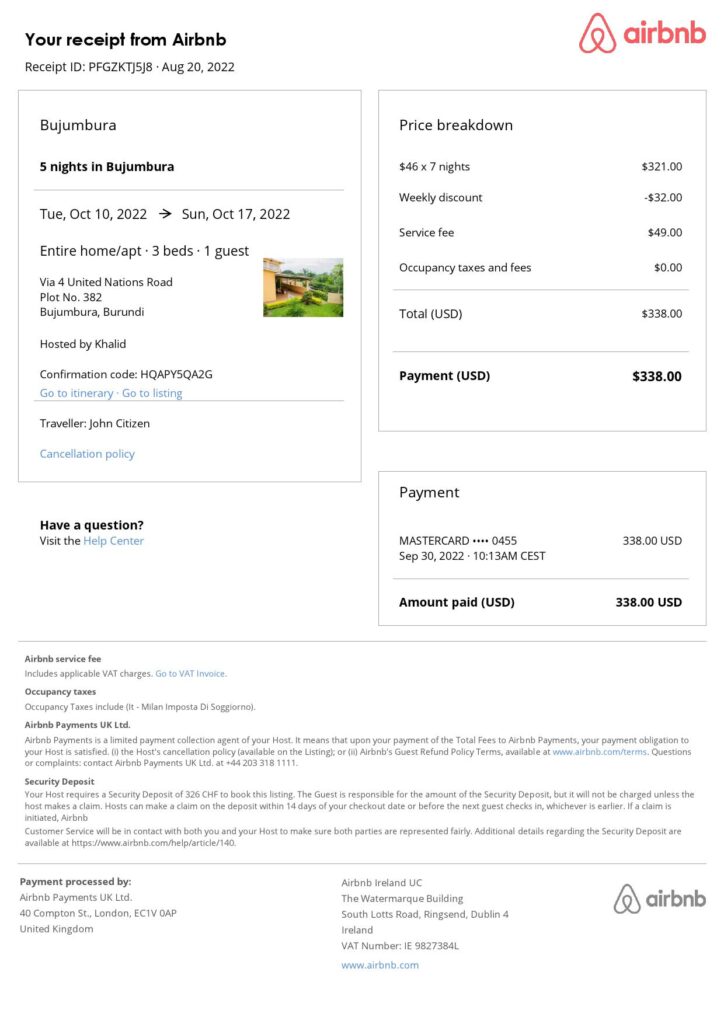 Customizable Burundi Airbnb Reservation Template | Word & PDF Formats