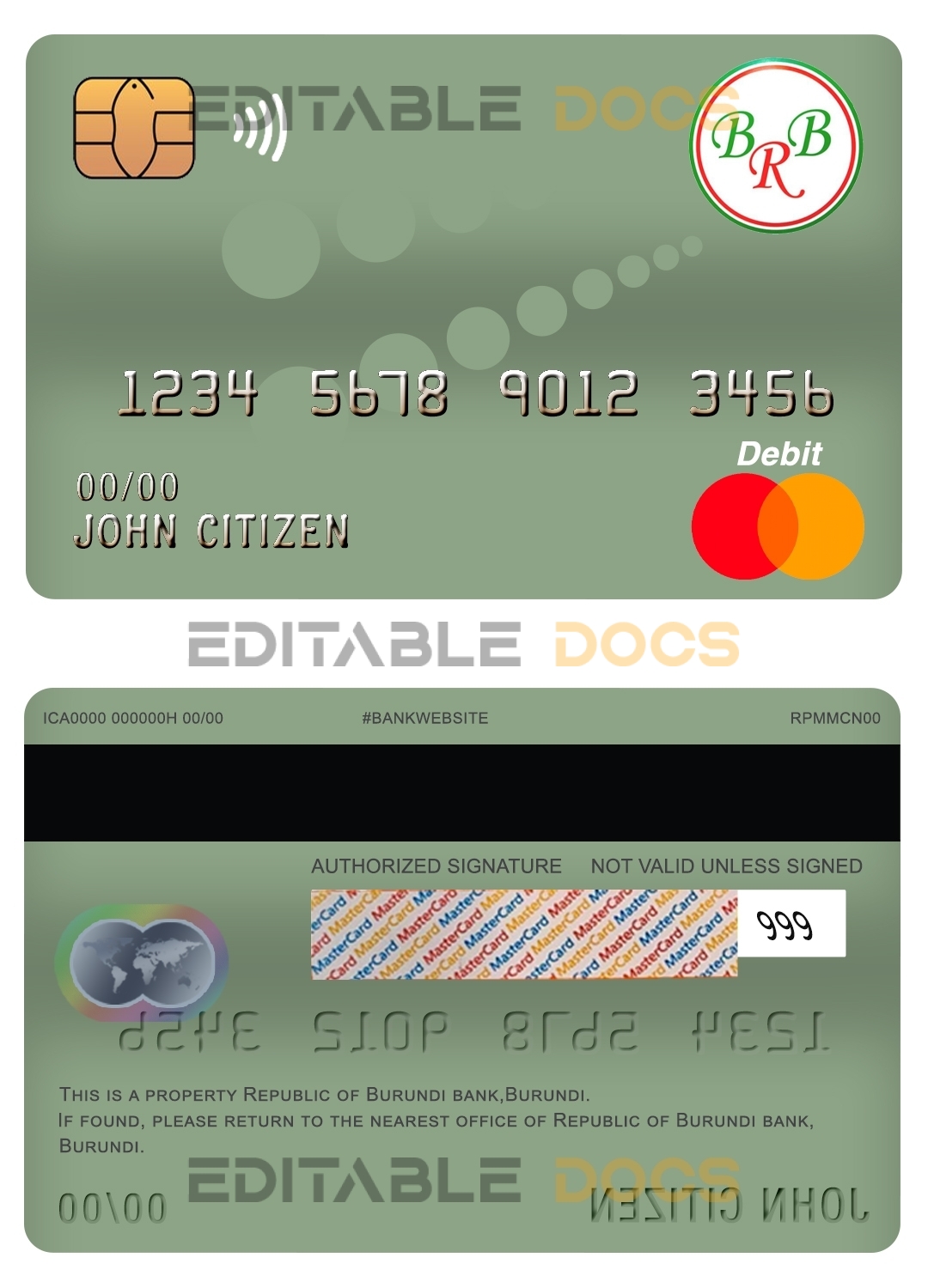 Editable Burundi Bank of the Republic of Burundi mastercard debit card Templates in PSD Format