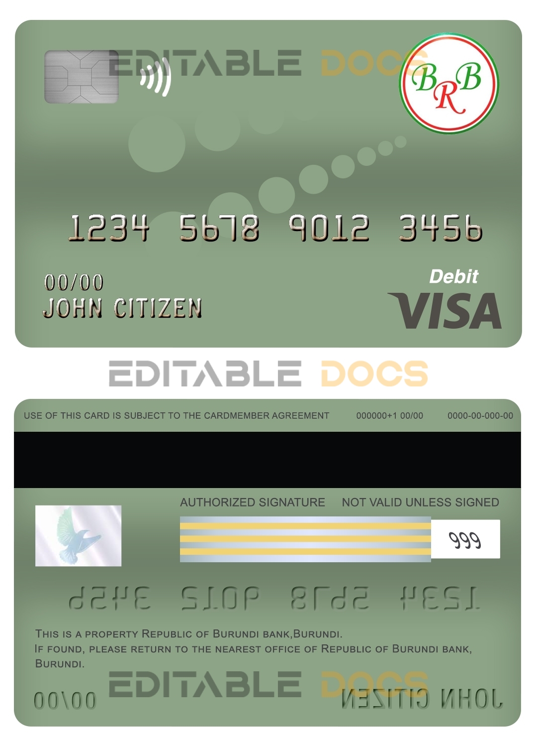 Fillable Burundi Bank of the Republic of Burundi visa card debit card Templates | Layer-Based PSD