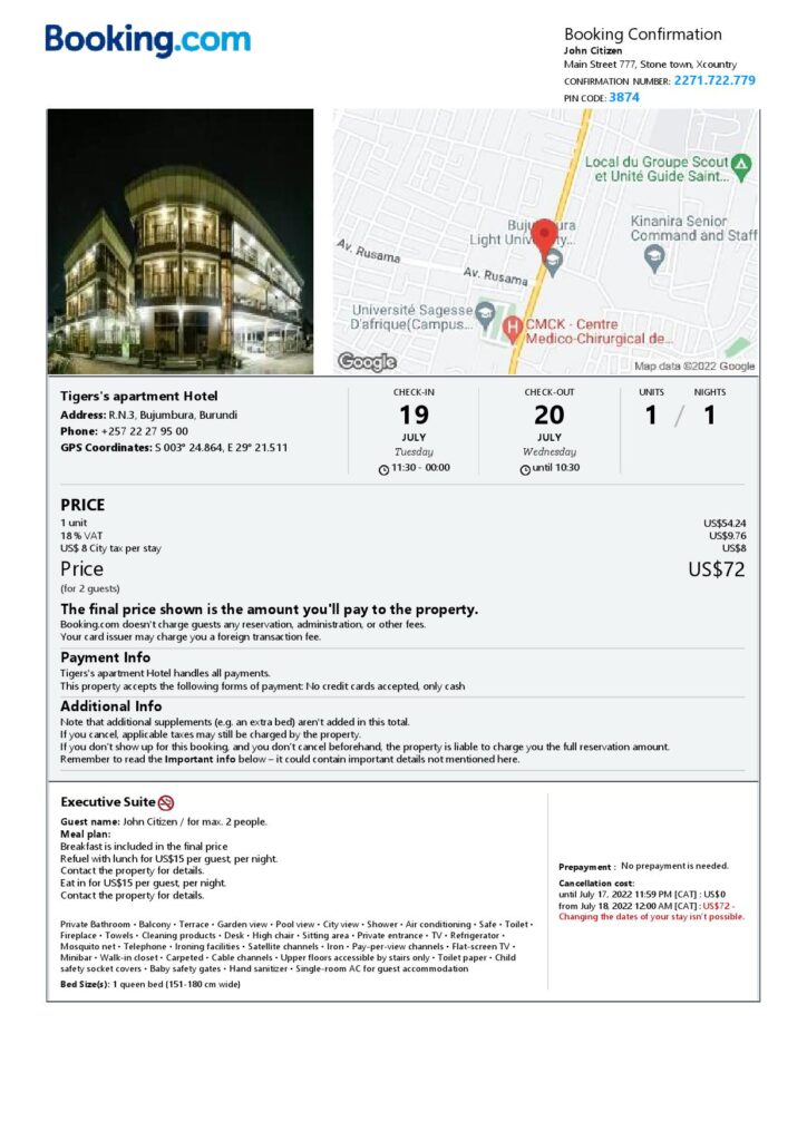 Editable Burundi Hotel Booking Form Template | Fillable PDF