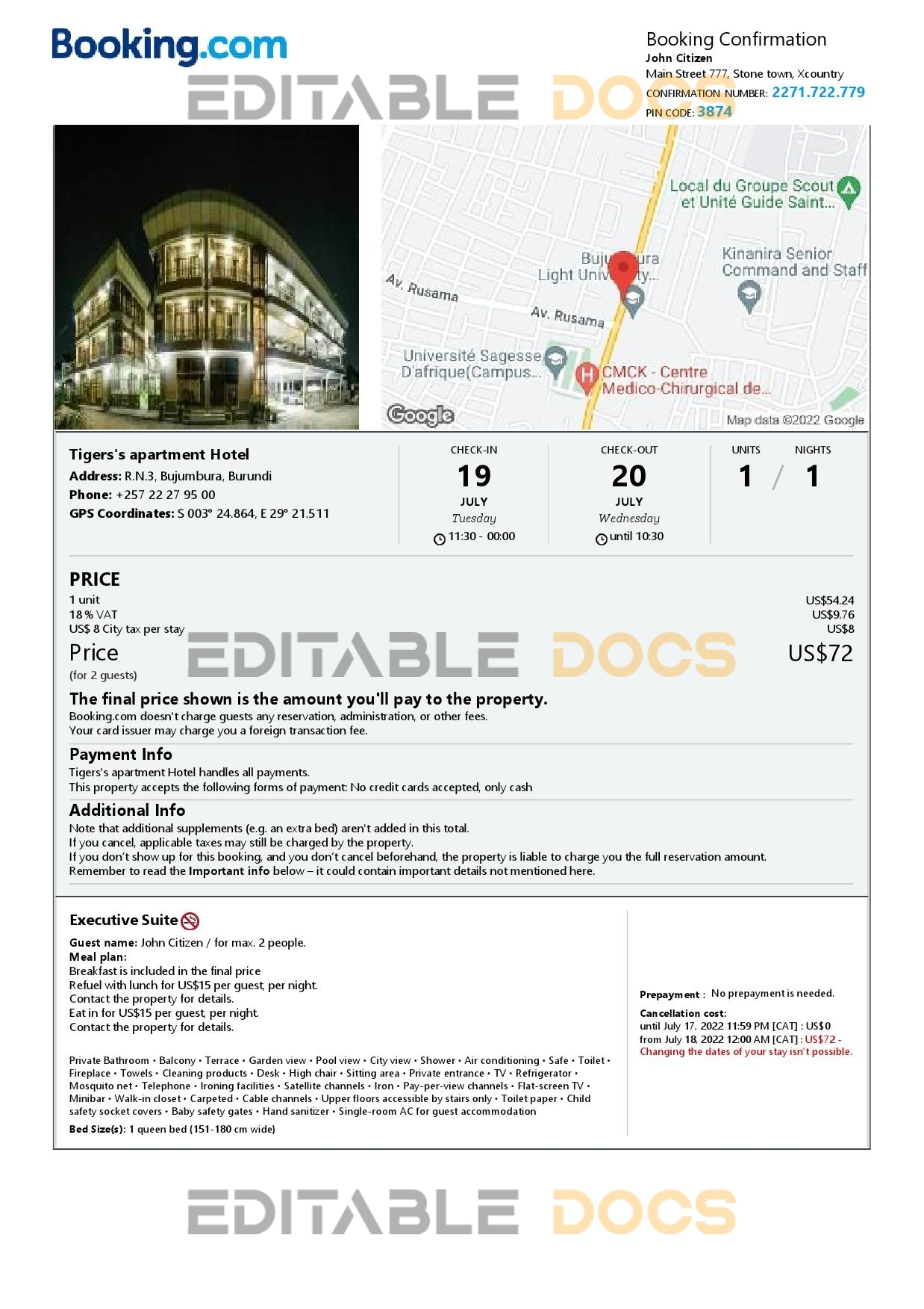 Editable Burundi Hotel Booking Form Template | Fillable PDF