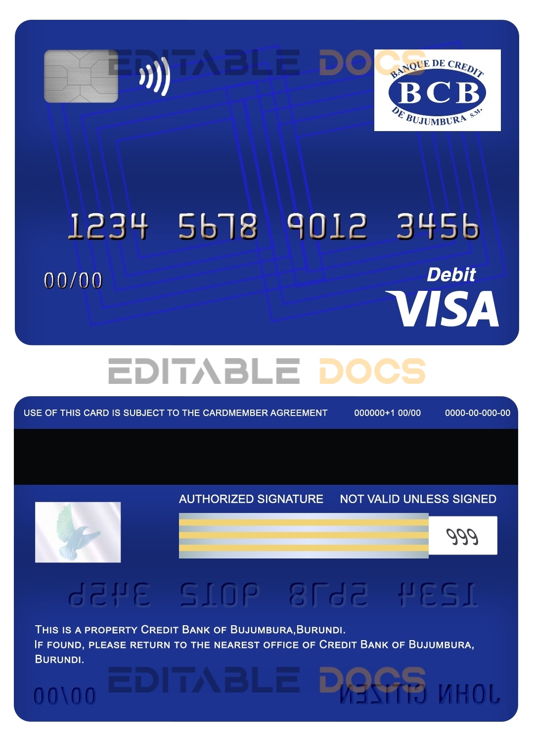 Editable Burundi Credit Bank of Bujumbura bank visa card debit card Templates in PSD Format