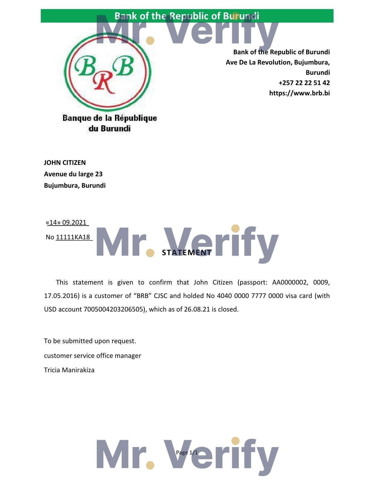 Download Burundi The Republic Bank of Burundi Bank Reference Letter Templates | Editable Word