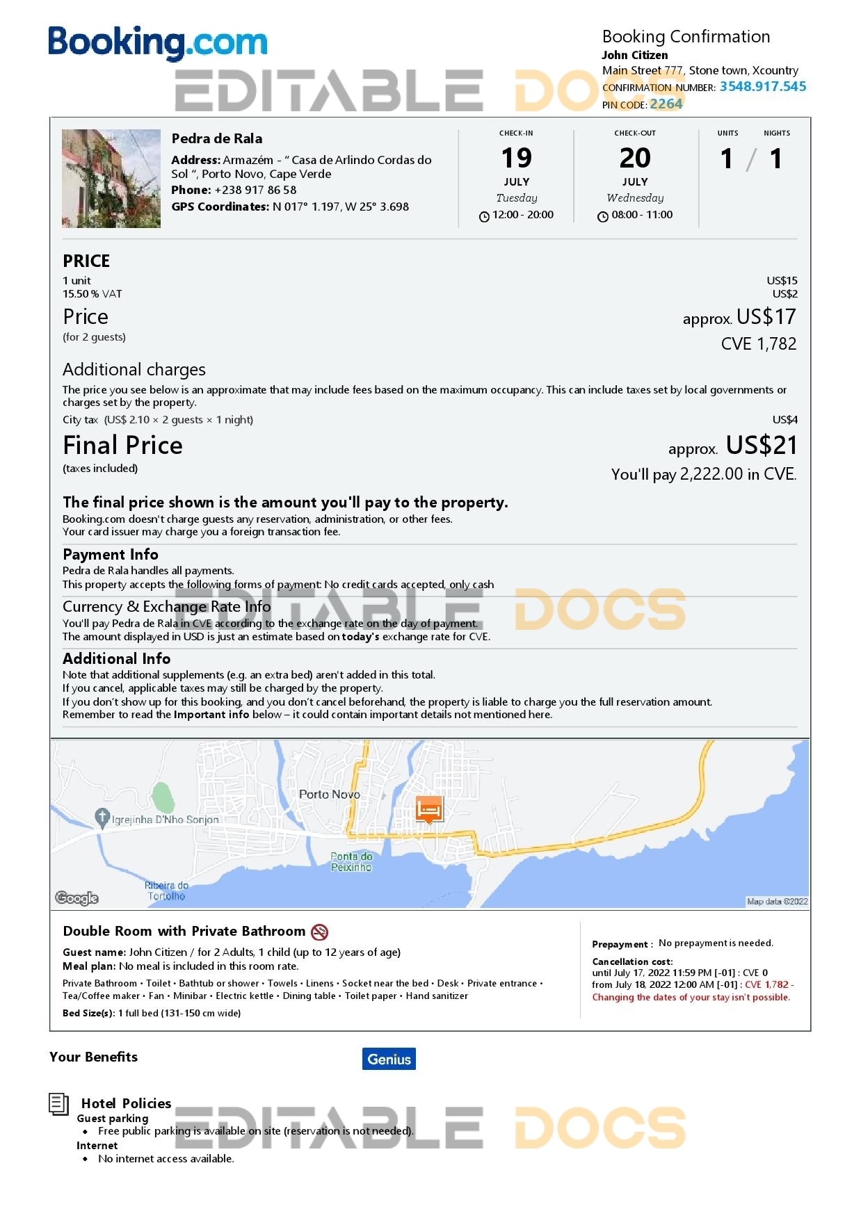 Editable Cabo Verde Hotel Booking Form Template | Fillable PDF