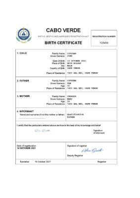 Cabo Verde vital record birth certificate Word and PDF template, completely editable