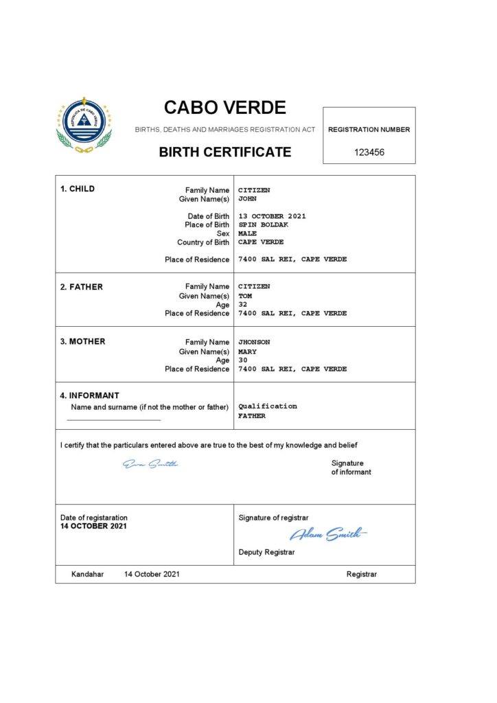 Cabo Verde vital record birth certificate Word and PDF template, completely editable