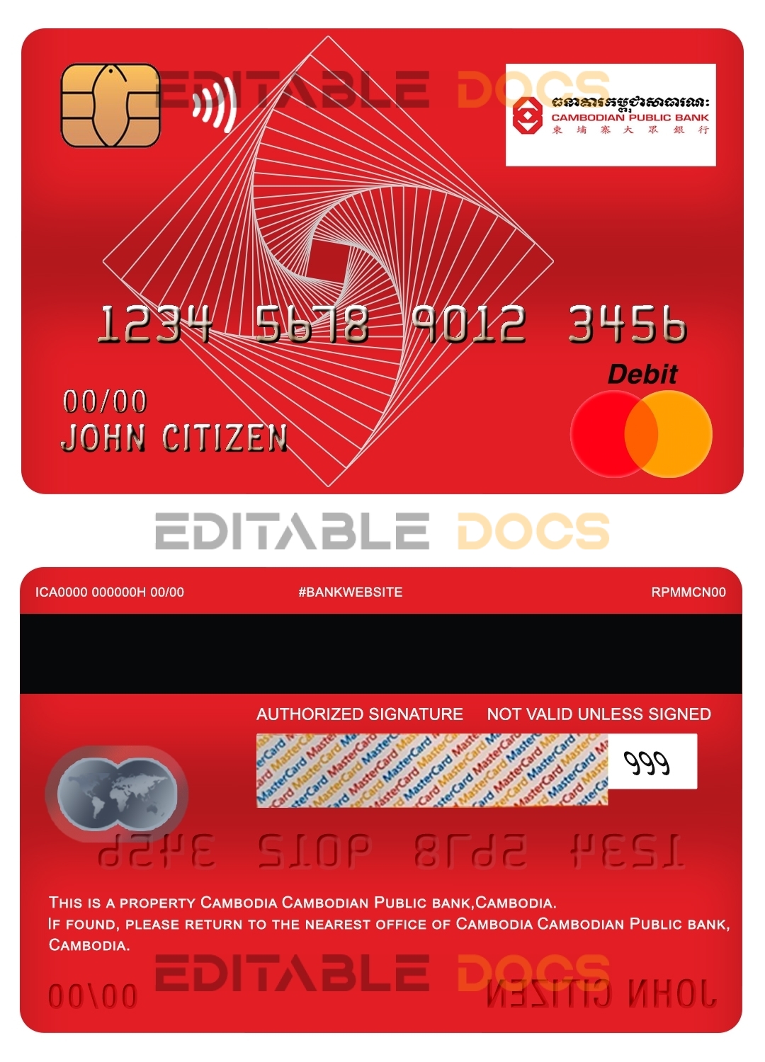 Editable Cambodia Cambodian Public bank mastercard debit card Templates in PSD Format