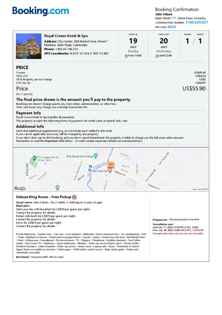 Editable Cambodia Hotel Booking Form Template | Fillable PDF