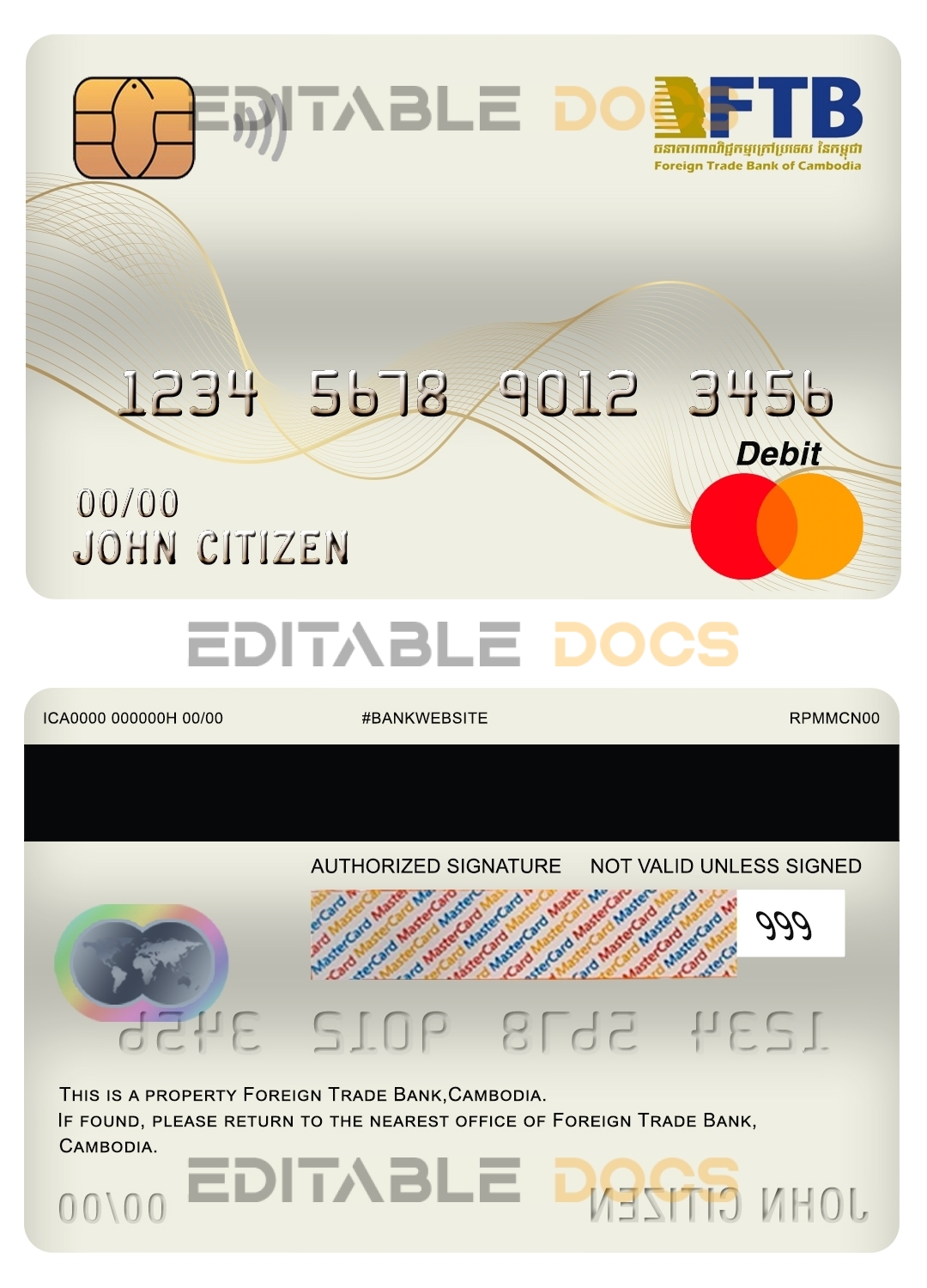 Editable Cambodia Foreign Trade Bank of Cambodia bank mastercard debit card Templates in PSD Format