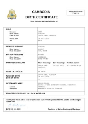Cambodia birth certificate Word and PDF template, completely editable