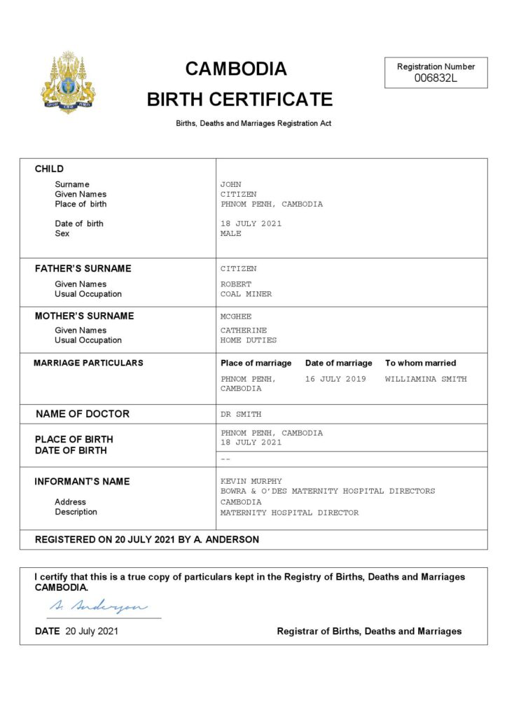 Cambodia birth certificate Word and PDF template, completely editable
