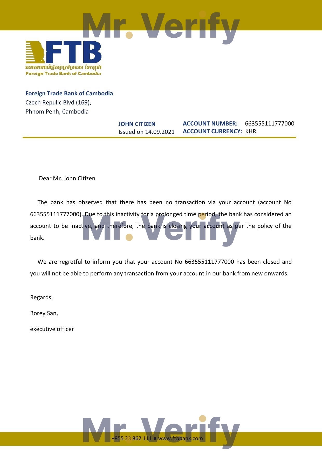 Download Cambodia Foreign Trade Bank of Cambodia Bank Reference Letter Templates | Editable Word