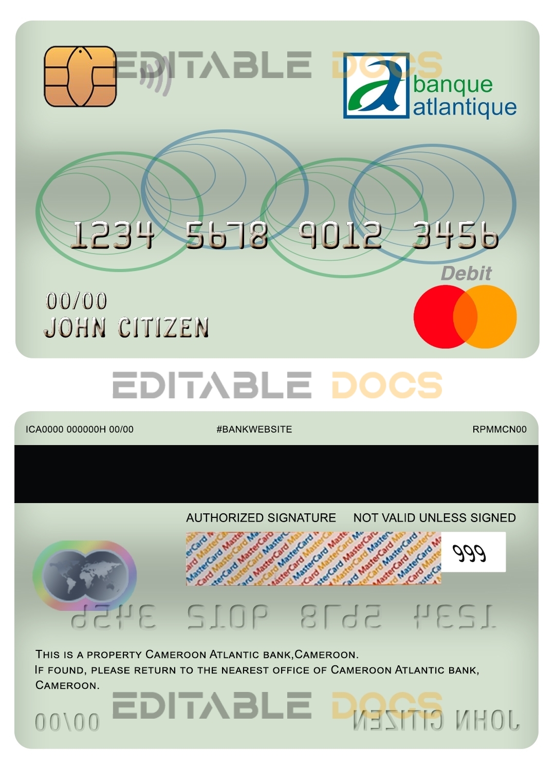 Editable Cameroon Atlantic bank mastercard debit card Templates in PSD Format