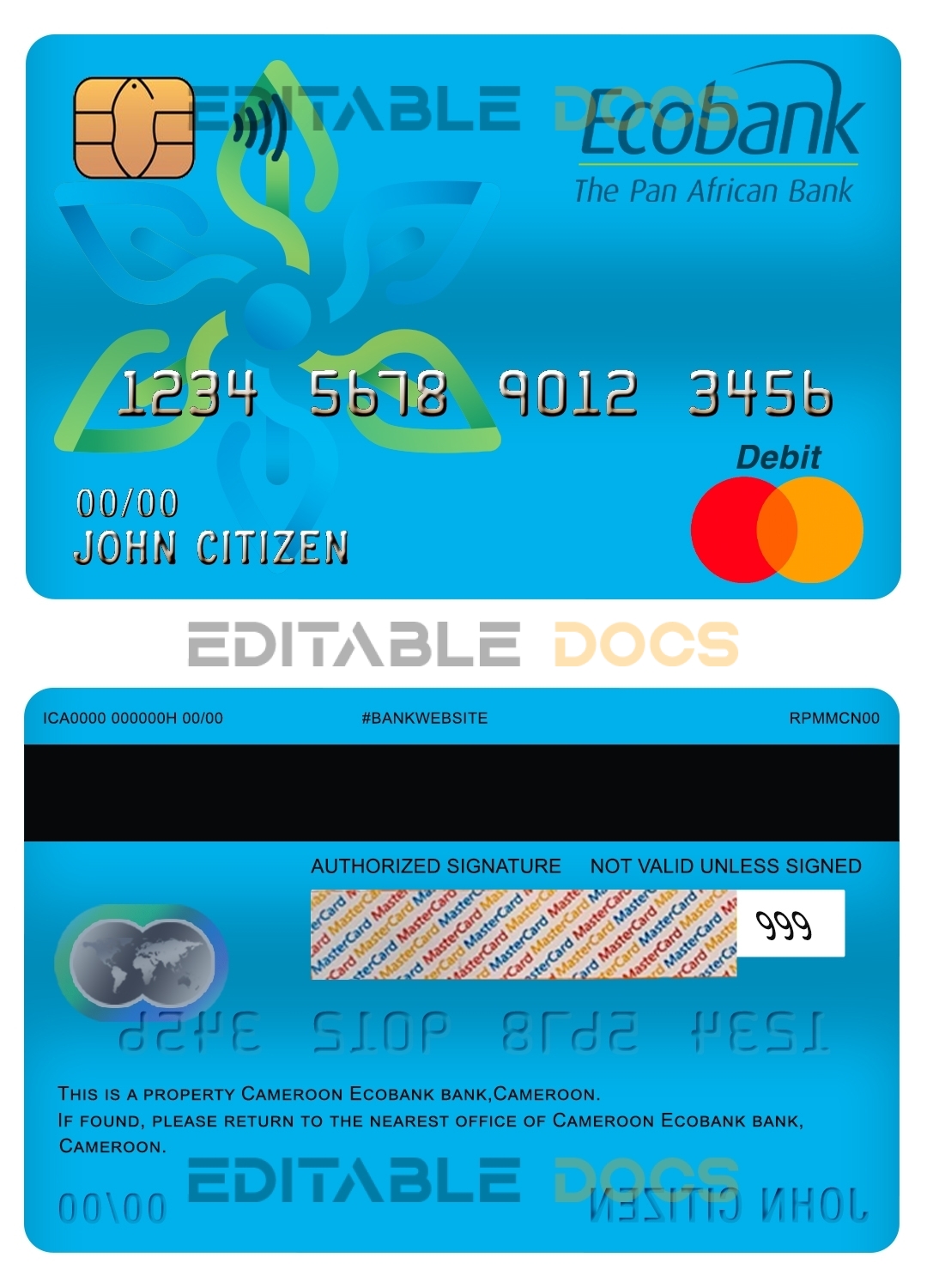 Editable Cameroon Ecobank bank mastercard debit card Templates in PSD Format