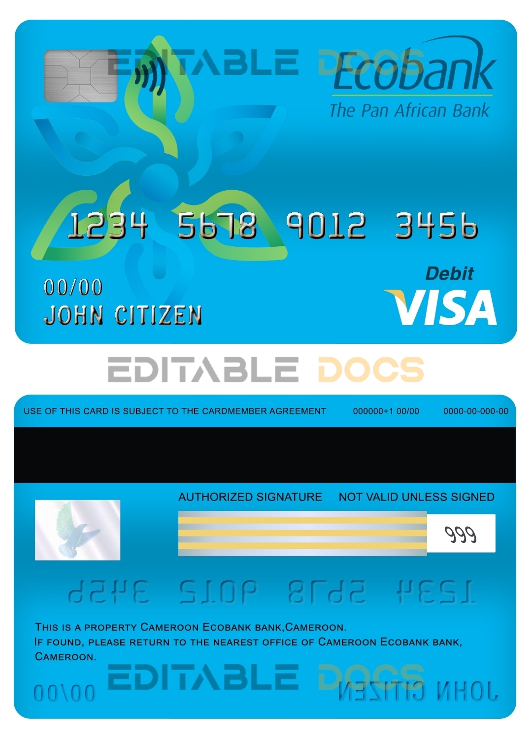 Fillable Cameroon Ecobank bank visa card debit card Templates | Layer-Based PSD