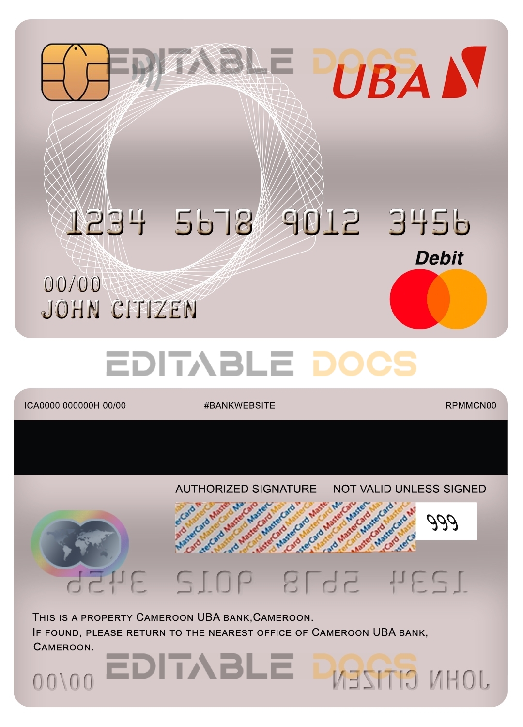 Editable Cameroon UBA bank mastercard debit card Templates in PSD Format