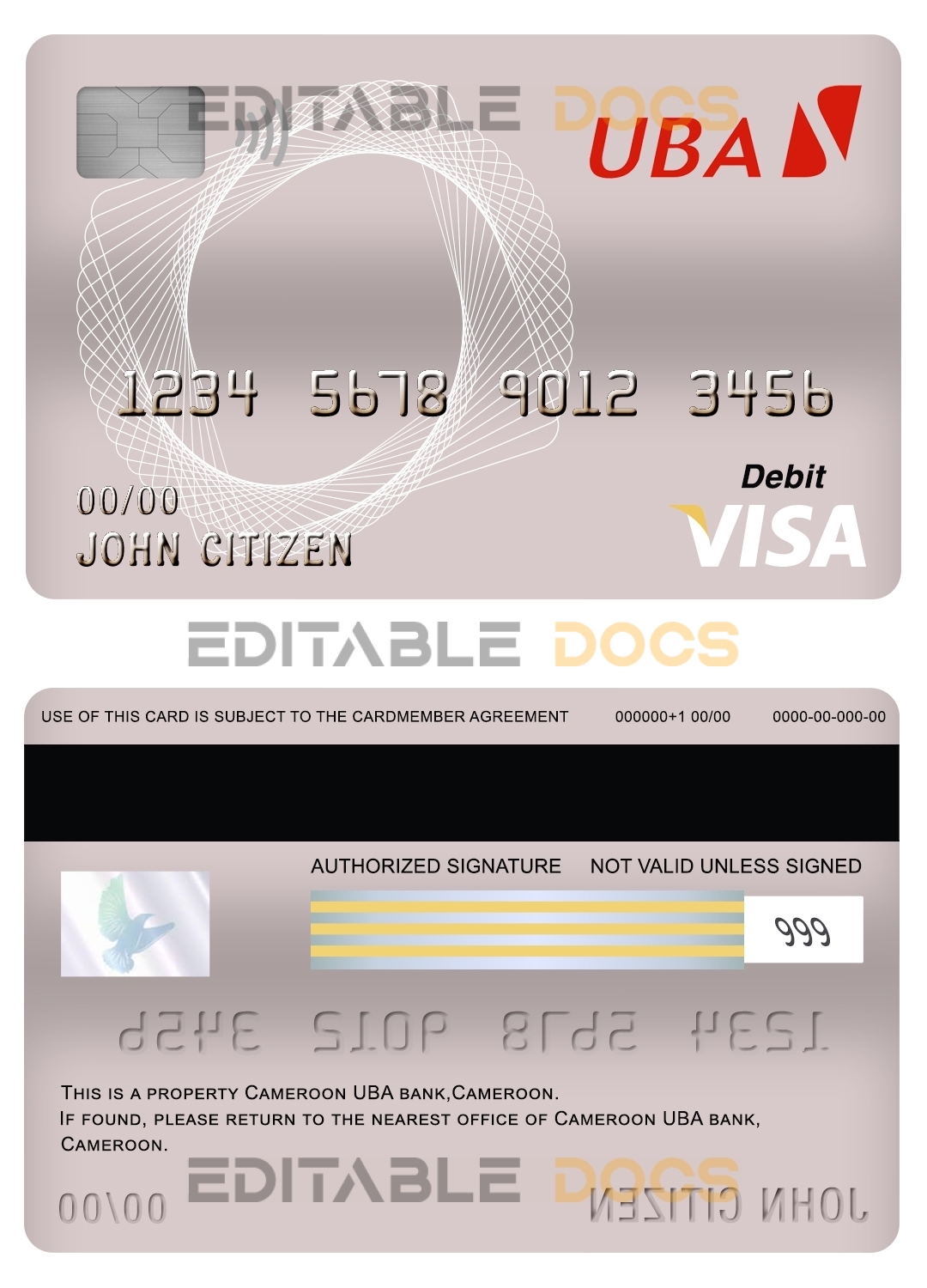 Fillable Cameroon UBA bank visa card debit card Templates | Layer-Based PSD