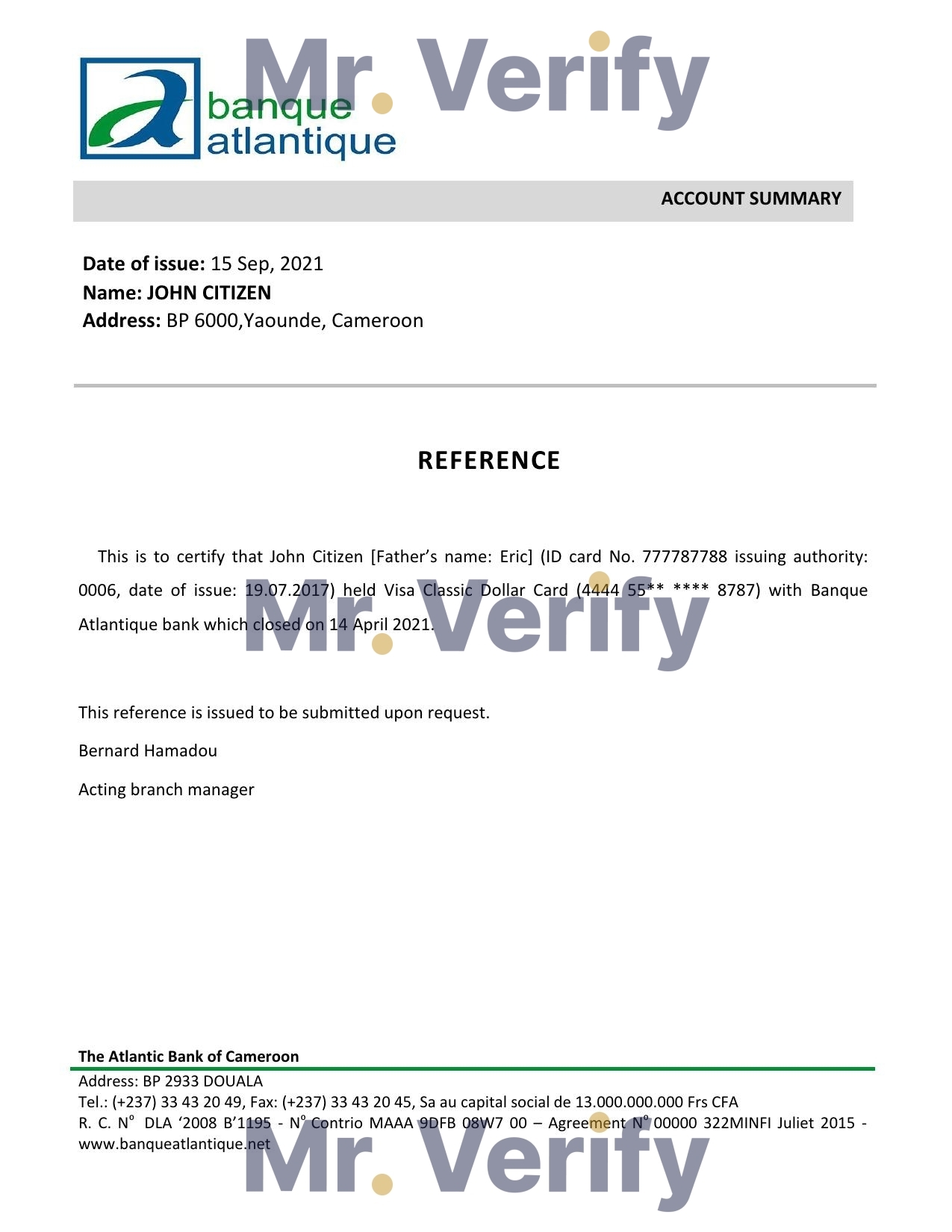 Download Cameroon The Atlantic Bank Reference Letter Templates | Editable Word