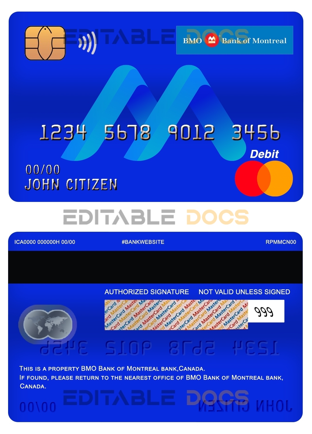 Fillable Canada BMO Bank of Montreal bank mastercard debit card Templates | Layer-Based PSD