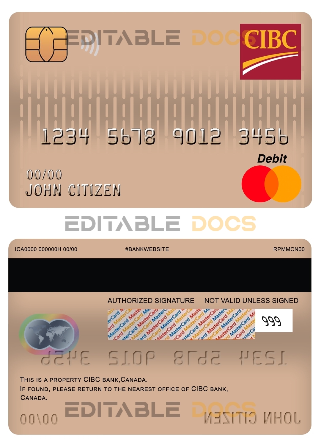 Fillable Canada CIBC bank mastercard debit card Templates | Layer-Based PSD