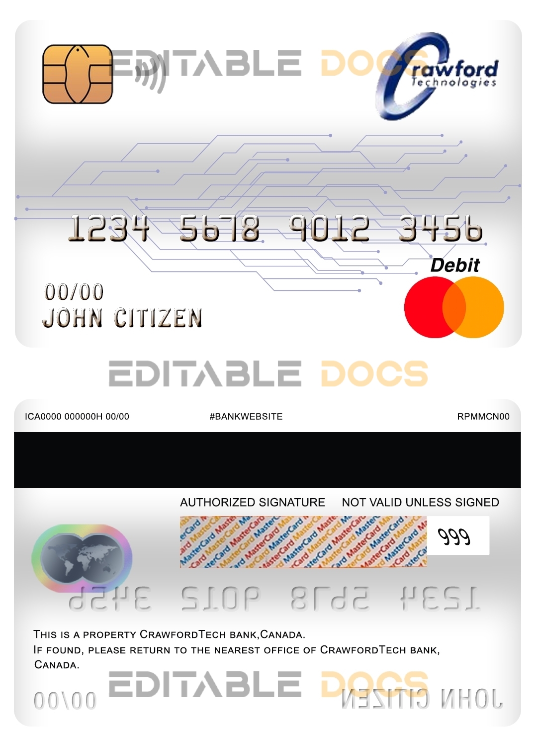 Editable Canada CrawfordTech bank mastercard debit card Templates in PSD Format