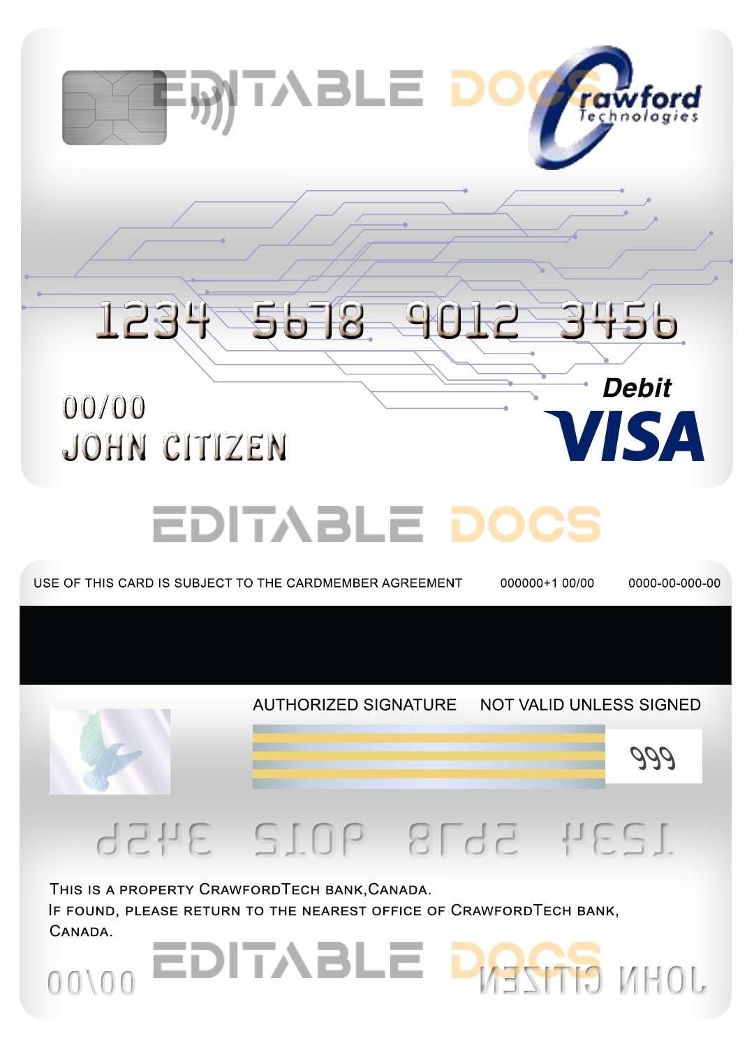Fillable Canada CrawfordTech bank visa card debit card Templates | Layer-Based PSD