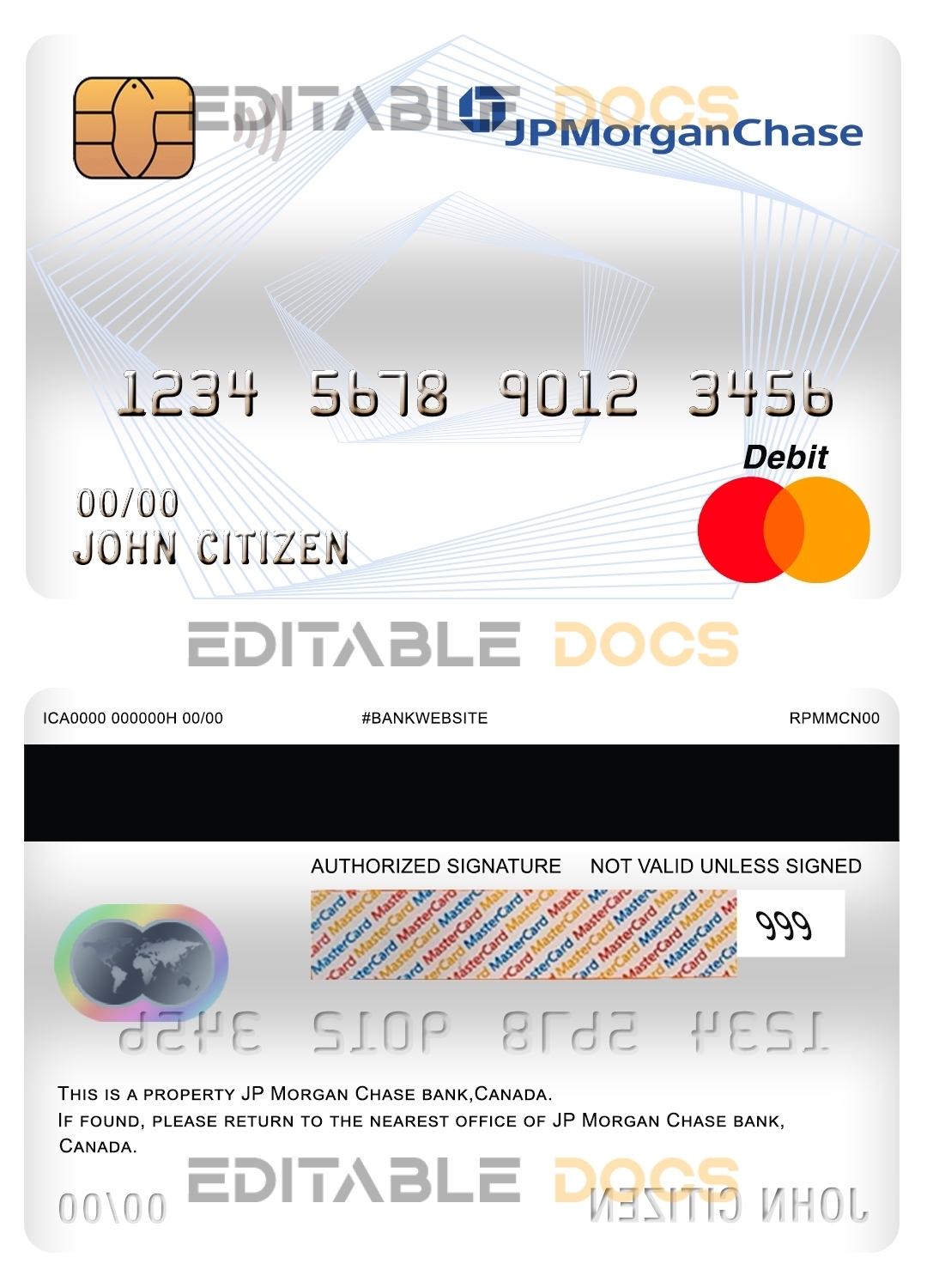 Editable Canada JP Morgan Chase bank mastercard debit card Templates in PSD Format