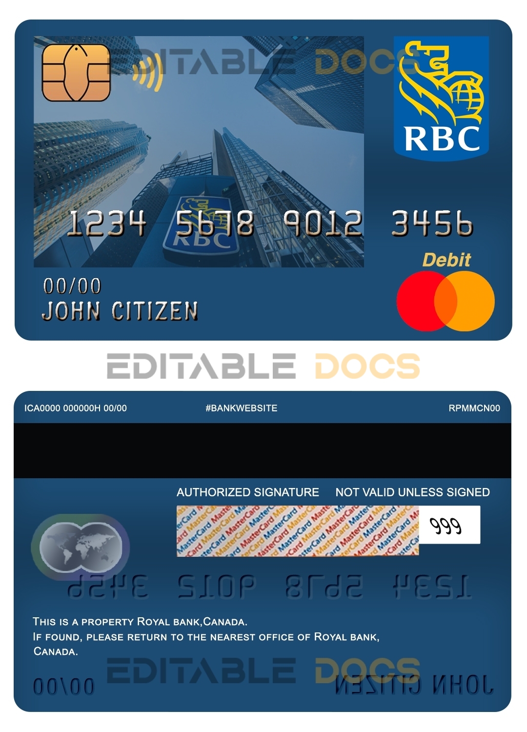 Editable Canada Royal Bank of Canada (RBC) bank mastercard debit card Templates in PSD Format