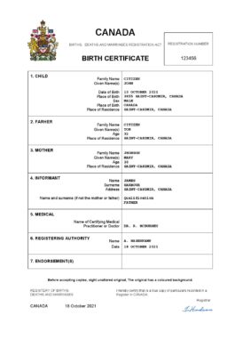 Canada birth certificate Word and PDF template, completely editable